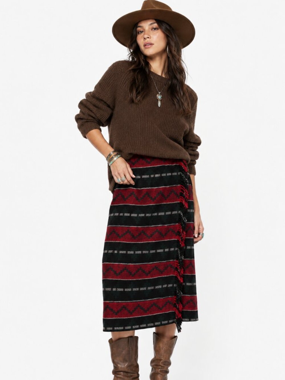 Vintage Roo Crossing Southwestern Fringe Wrap Skirt Wool Blend Boho Midi Size 12